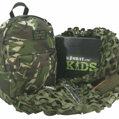 GIFT BOXED Boys Army Den Kit Camo Rucksack Hide Net Cam Cream Paracord Tent Pegs