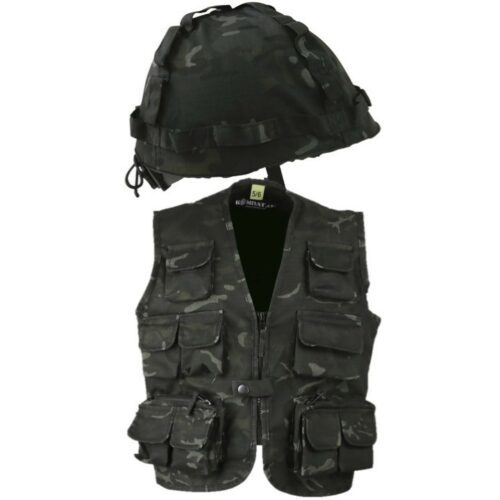 BOYS ARMY COSTUME TACTICAL VEST & HELMET OUTFIT KIDS 3-13 YRS SAS BLACK CAMO