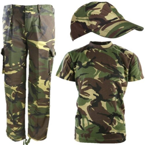 BOYS ARMY SOLDIER COSTUME TROUSERS T-SHIRT & CAP KIDS 3-13 YRS DPM CAMOUFLAGE