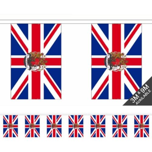 UNION JACK with CREST FABRIC BUNTING 3m 9m PARTY Armed Forces Patriotic Decor