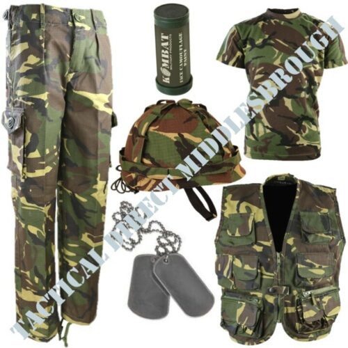 BOYS ARMY OUTFIT KIDS 3-13 TROUSERS T-SHIRT HELMET VEST DOG TAGS PAINT DPM CAMO