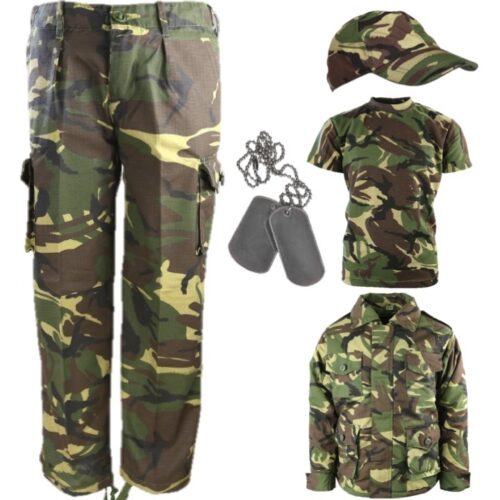 BOYS ARMY OUTFIT TROUSERS T-SHIRT PADDED COAT CAP DOG TAGS KIDS 3-13 DPM CAMO