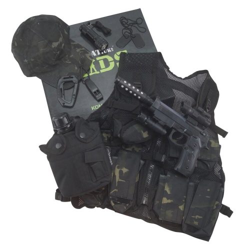 GIFT BOXED Boys Army Special Forces Set VEST TORCH Pistol WATERBOTTLE Black Camo