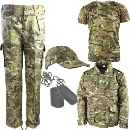 BOYS ARMY OUTFIT TROUSERS T-SHIRT PADDED COAT CAP DOG TAGS KIDS 3-13 BTP CAMO