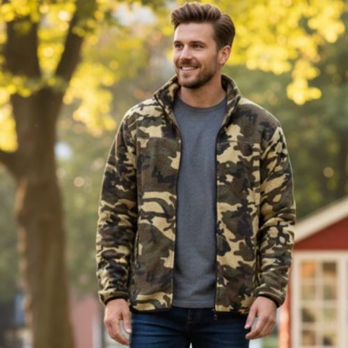 Norland Mens Camo Fleece Zip Jacket Army Green Camouflage Base Layer
