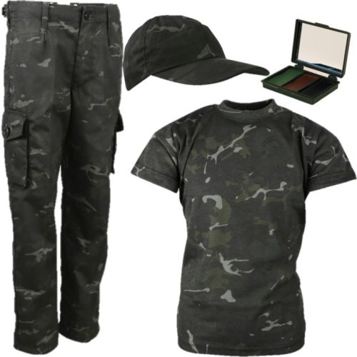 BOYS ARMY COSTUME T-SHIRT TROUSERS CAP FACE PAINT KIDS 3-13 YRS SAS BLACK CAMO