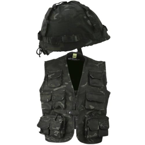 BOYS ARMY COSTUME TACTICAL VEST & HELMET OUTFIT KIDS 3-13 YRS SAS BLACK CAMO