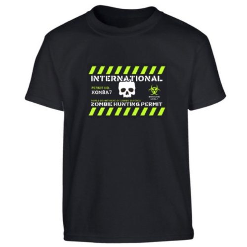 BOYS ZOMBIE HUNTING PERMIT T-SHIRT 5-6 7-8 9-10 12-13 100% COTTON TOP SKULL ARMY
